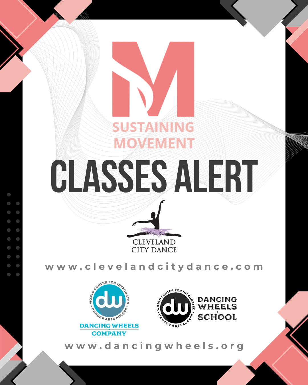 Sustaining Movement logo, Classes Alert Cleveland City Dance logo, Dancing Wheels Company logo, Dancing Wheels School logo
